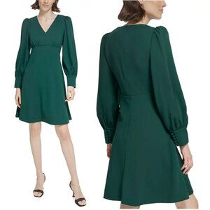 CALVIN KLEIN Fit & Flare A-Line Puff Shoulder Dress V-Neck Deep Green Size 12